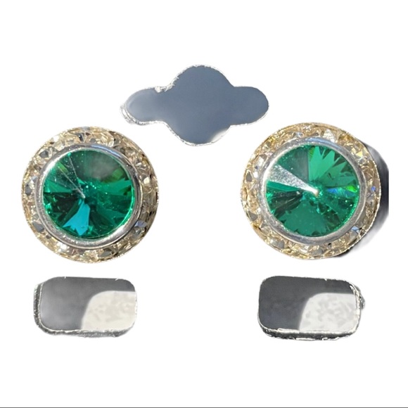 Emerald and Crystal Round Button Pierced Earrings - Picture 1 of 8